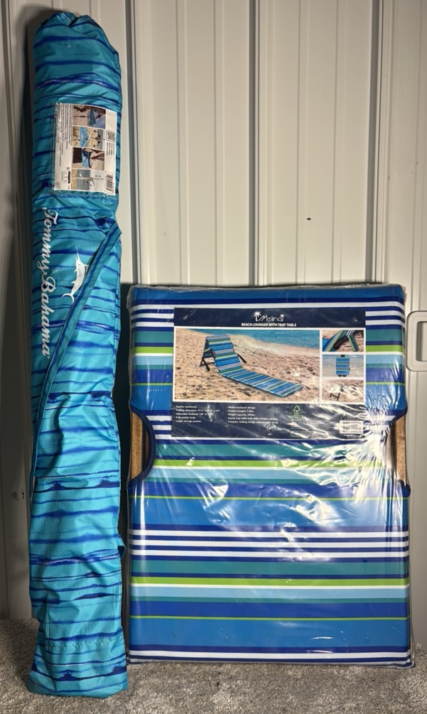 Melino Portable Beach Lounger & Tommy Bahama 7.5ft Beach Umbrella - MSRP $85