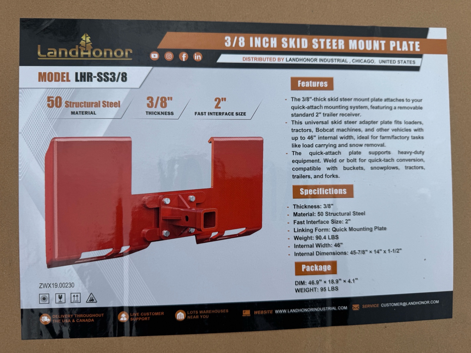 38In Skid Steer Mount Plate  LandHonor  2026  Unused  LHR-SS38