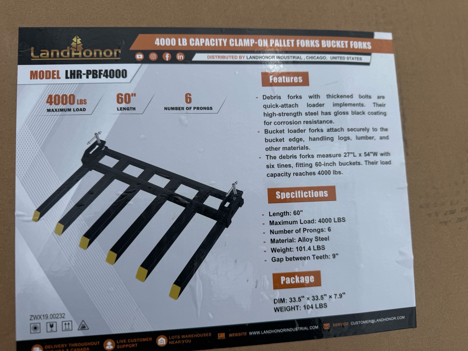 4000Lb Capacity Clampa-On Pallet Forks Bucket Forks  LandHonor  2026  Unused  LHR-PBF4000