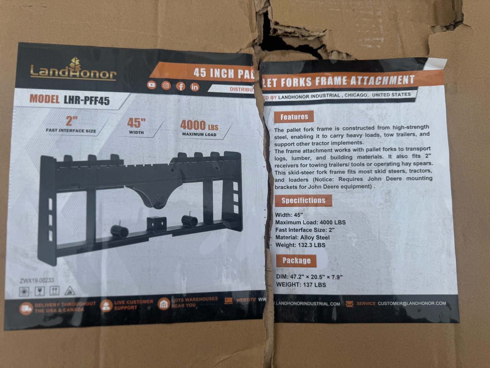 45 In Pallet Forks Frame Attachment  LandHonor  2026  Unused  LHR-PFF45