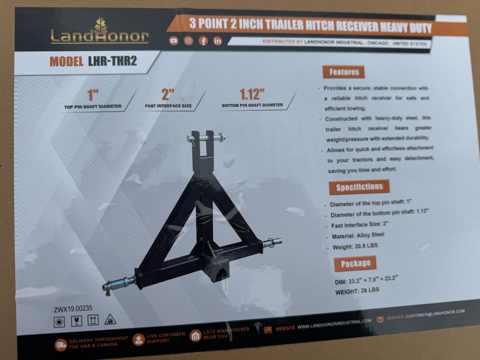 3 Point 2 Inch Trailer Hitch Receiver Heavy Duty  LandHonor  2026  Unused  LHR-THR2