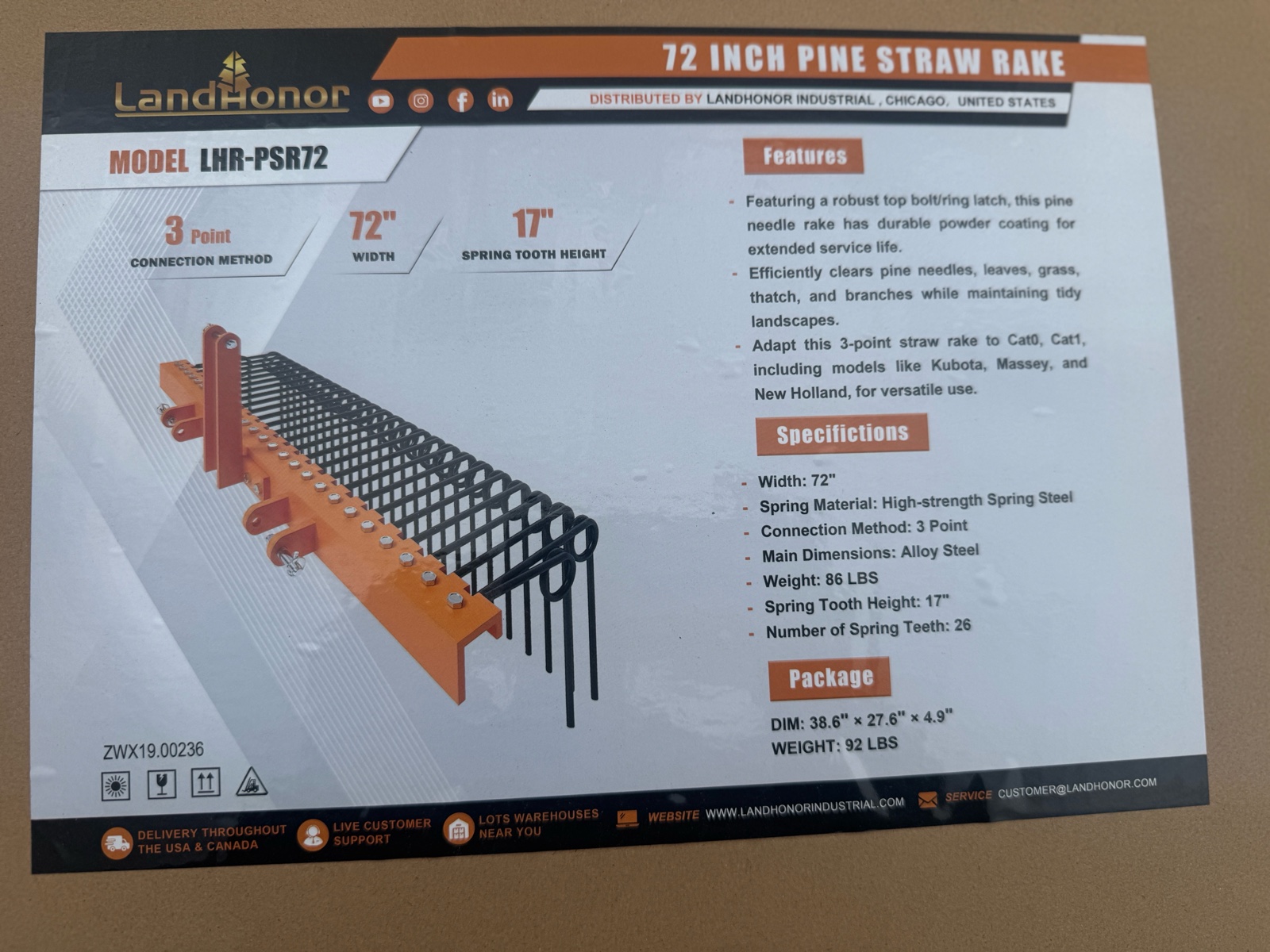 72 In Pine Straw Rake  LandHonor  2026  Unused  LHR-PSR72