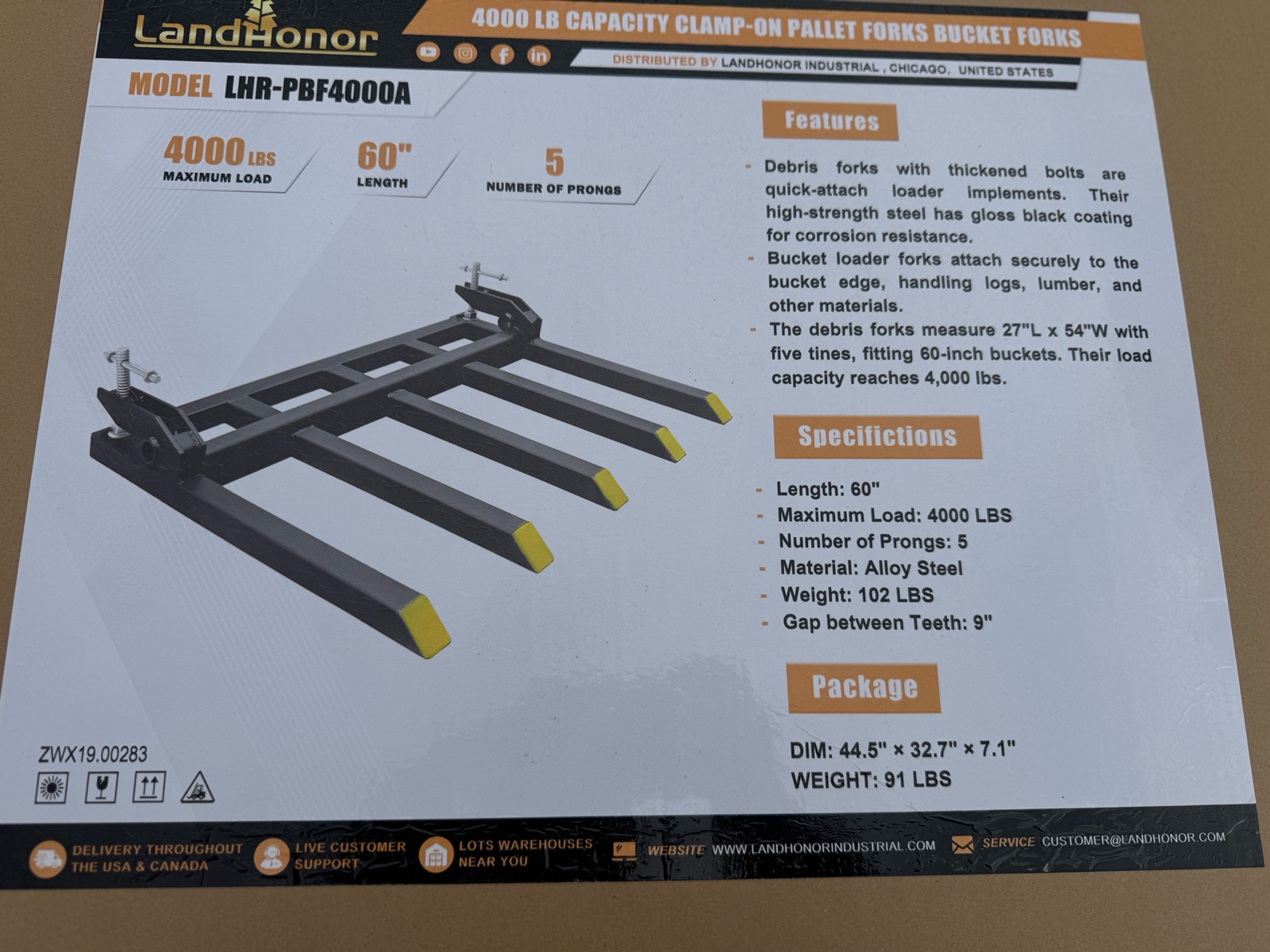 4000Lb Capacity Clampa-On Pallet Forks Bucket Forks  LandHonor  2026  Unused  LHR-PBF4000A