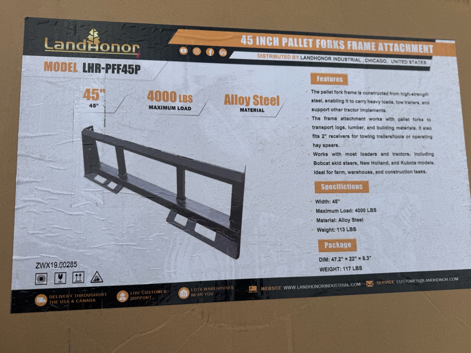 45 In Pallet Forks Frame Attachment  LandHonor  2026  Unused  LHR-PFF45P