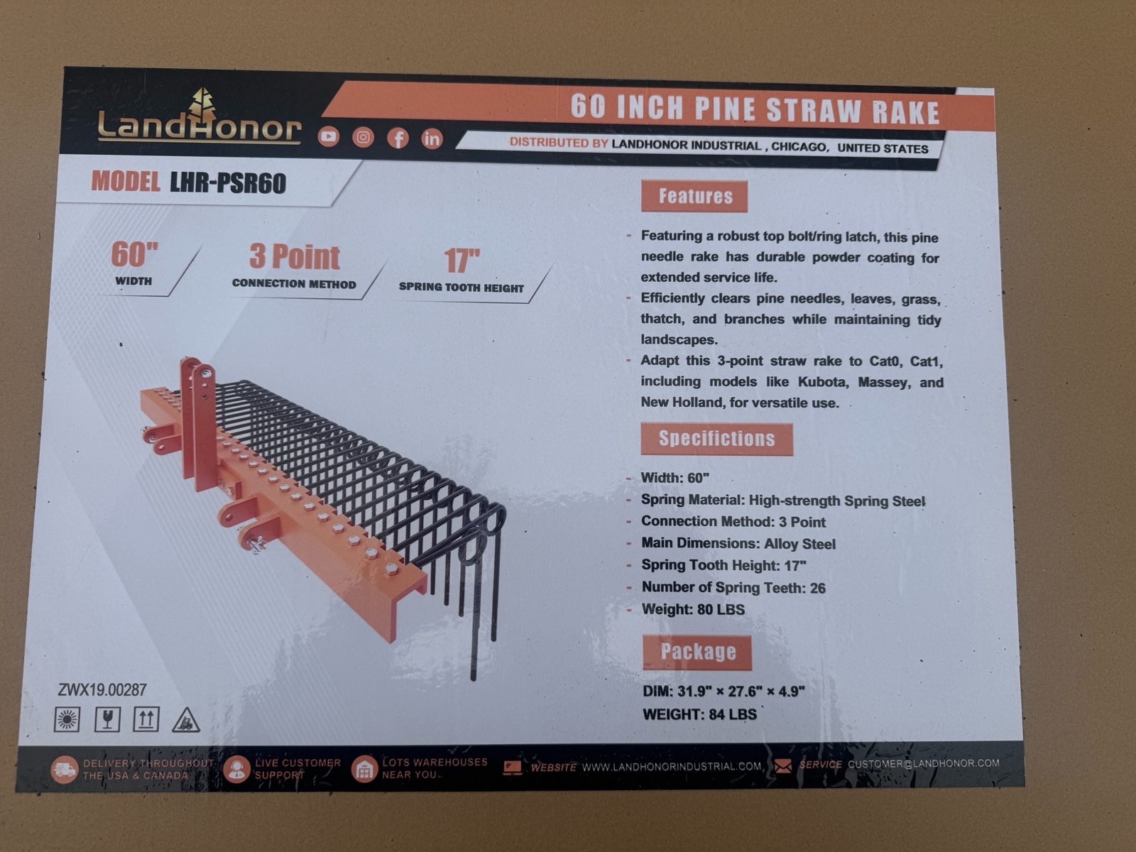 60 In Pine Straw Rake  LandHonor  2026  Unused  LHR-PSR60