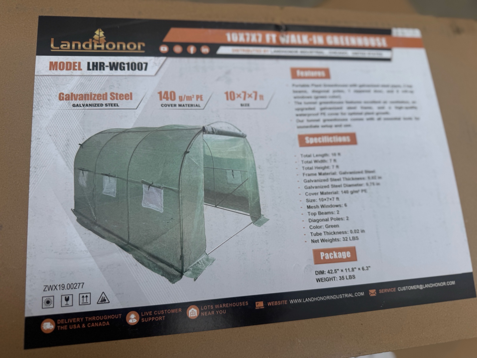 10 x 7 x 7 Ft Walk-in Greenhouse  LandHonor  2026  Unused  LHR-WG1007