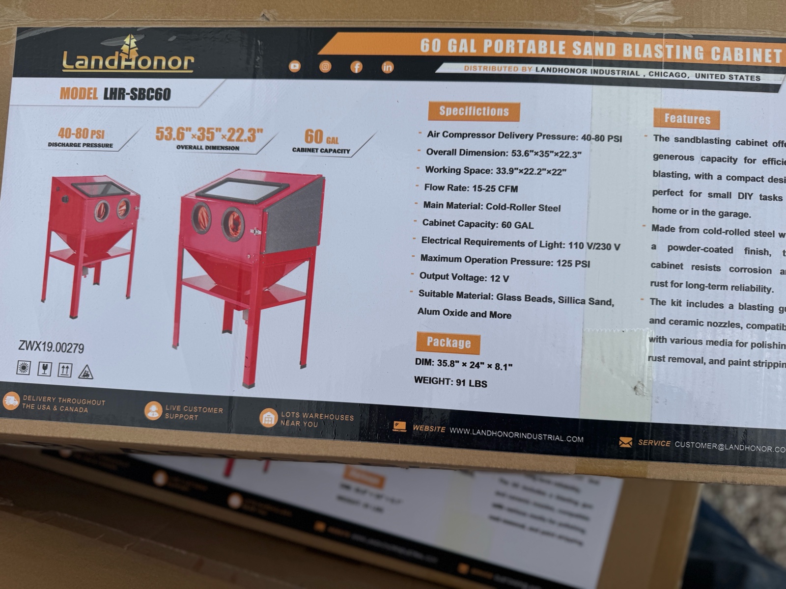 60 Gallon Portable Sand Blasting Cabinet  LandHonor  2026  Unused  LHR-SBC60