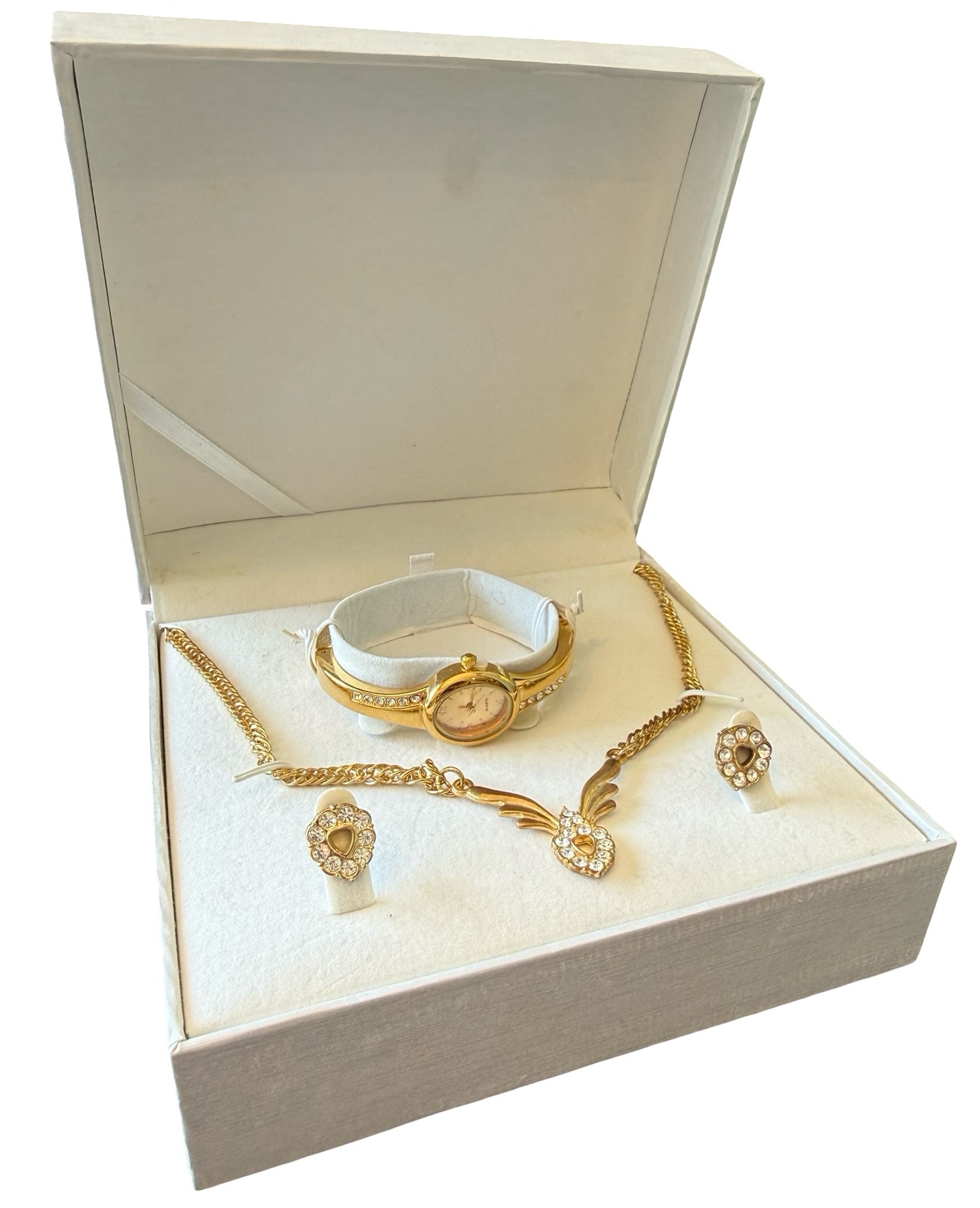 1980s Costume Gold & Rhinestone Necklace, Earrings & Watch