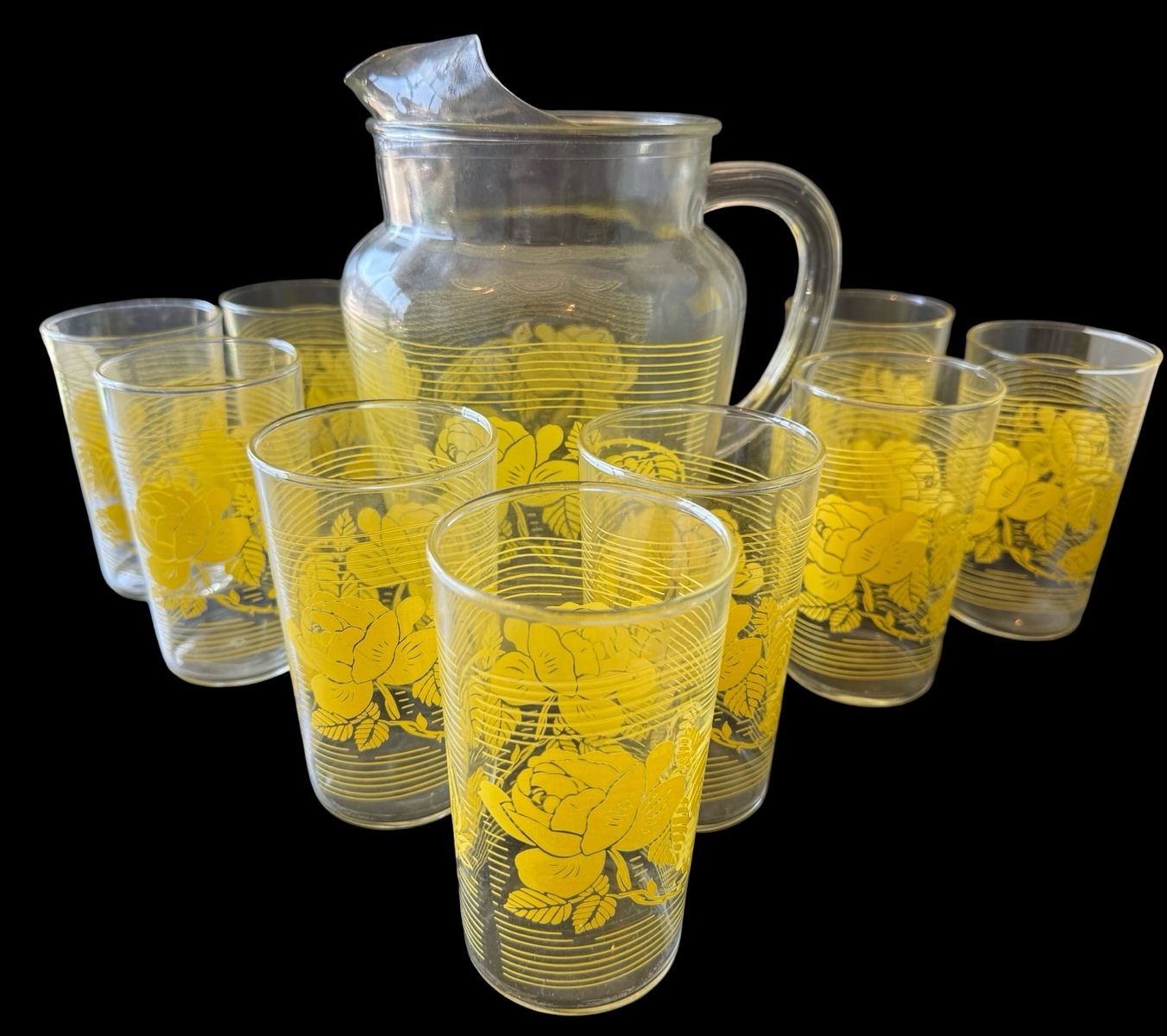 Vintage Pitcher & Glasses Bright Yellow Flower Set