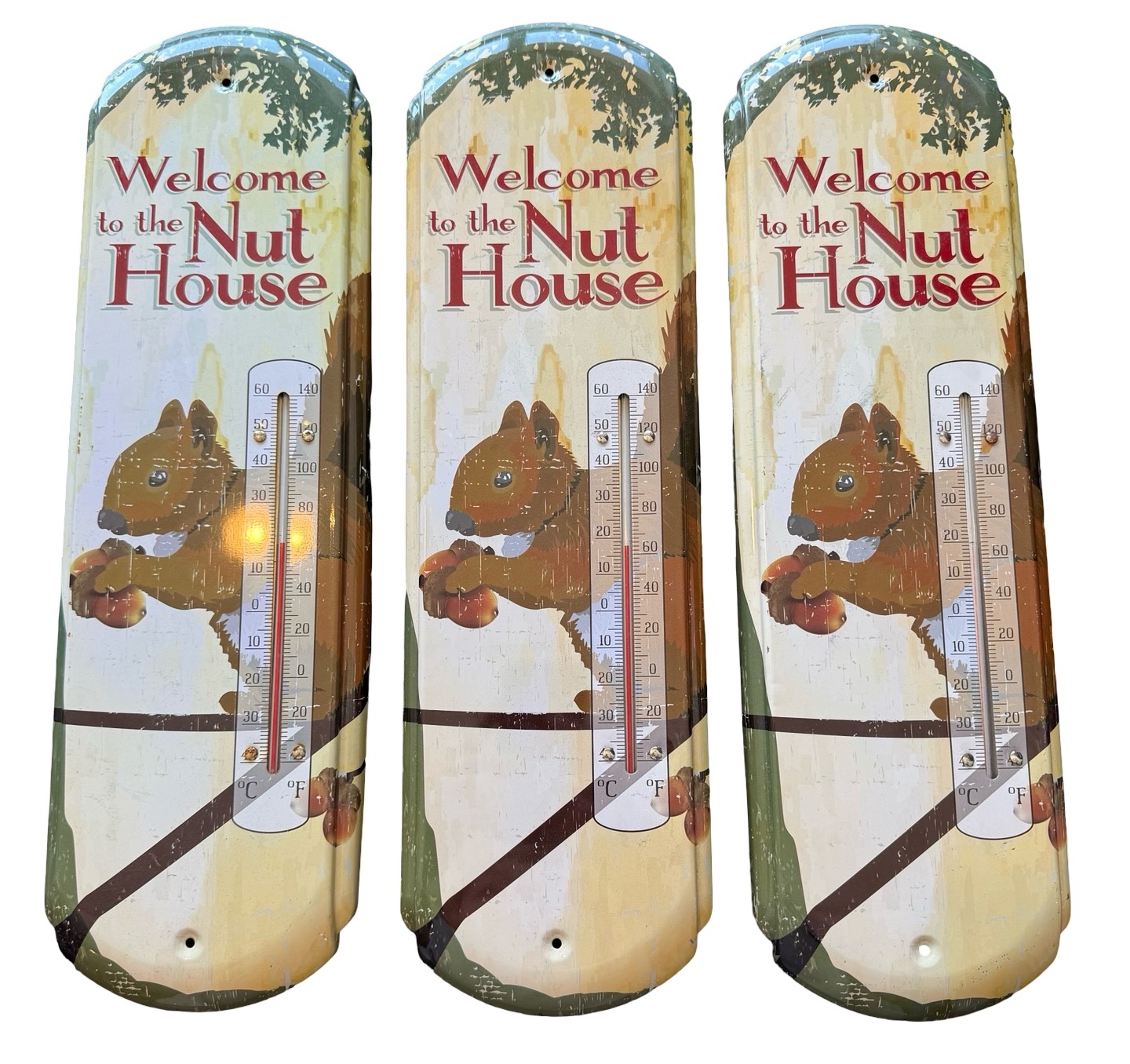 Three Metal Squirrel Themed Thermometers
