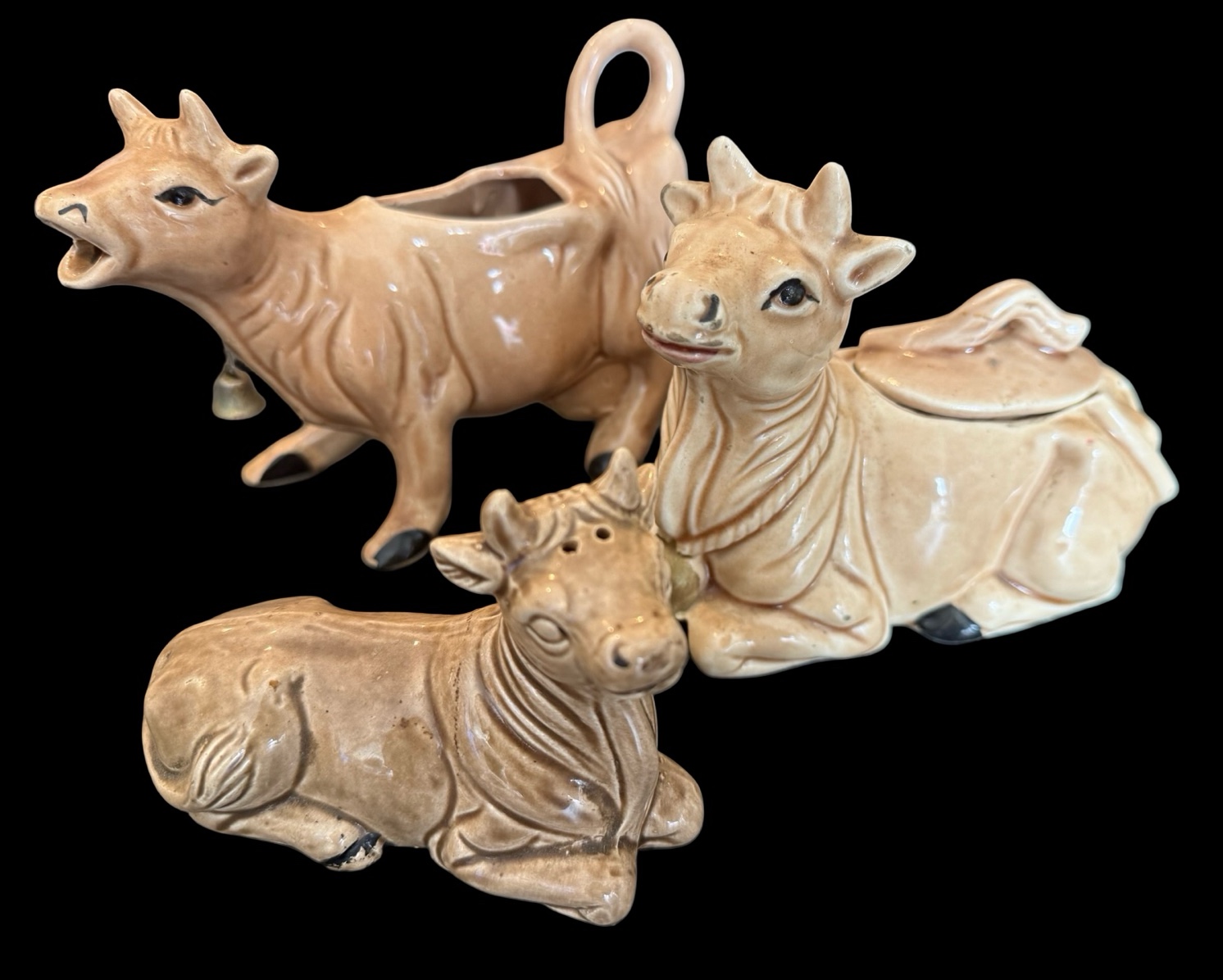Vintage Ceramic Brown Cow Sugar, Creamer & Shaker Set