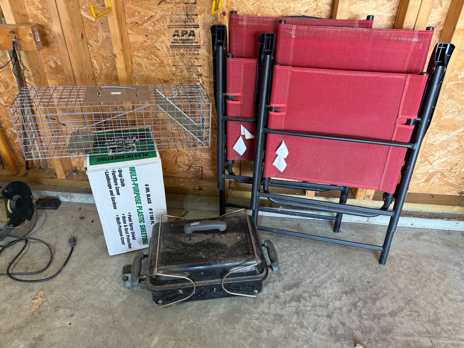 Weber Grill, Folding Chairs, Live Trap & Plastic Sheeting