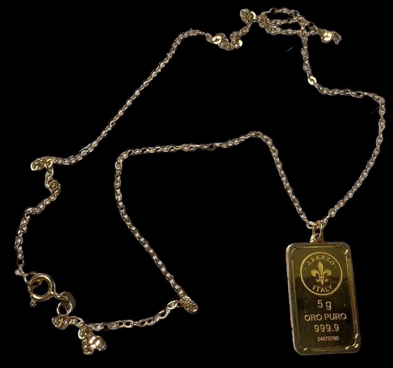 Ross-Simons Italian 24kt Yellow Gold Fleur-De-Lis Five-Gram Ingot Pendant Necklace -14kt Gold Frame