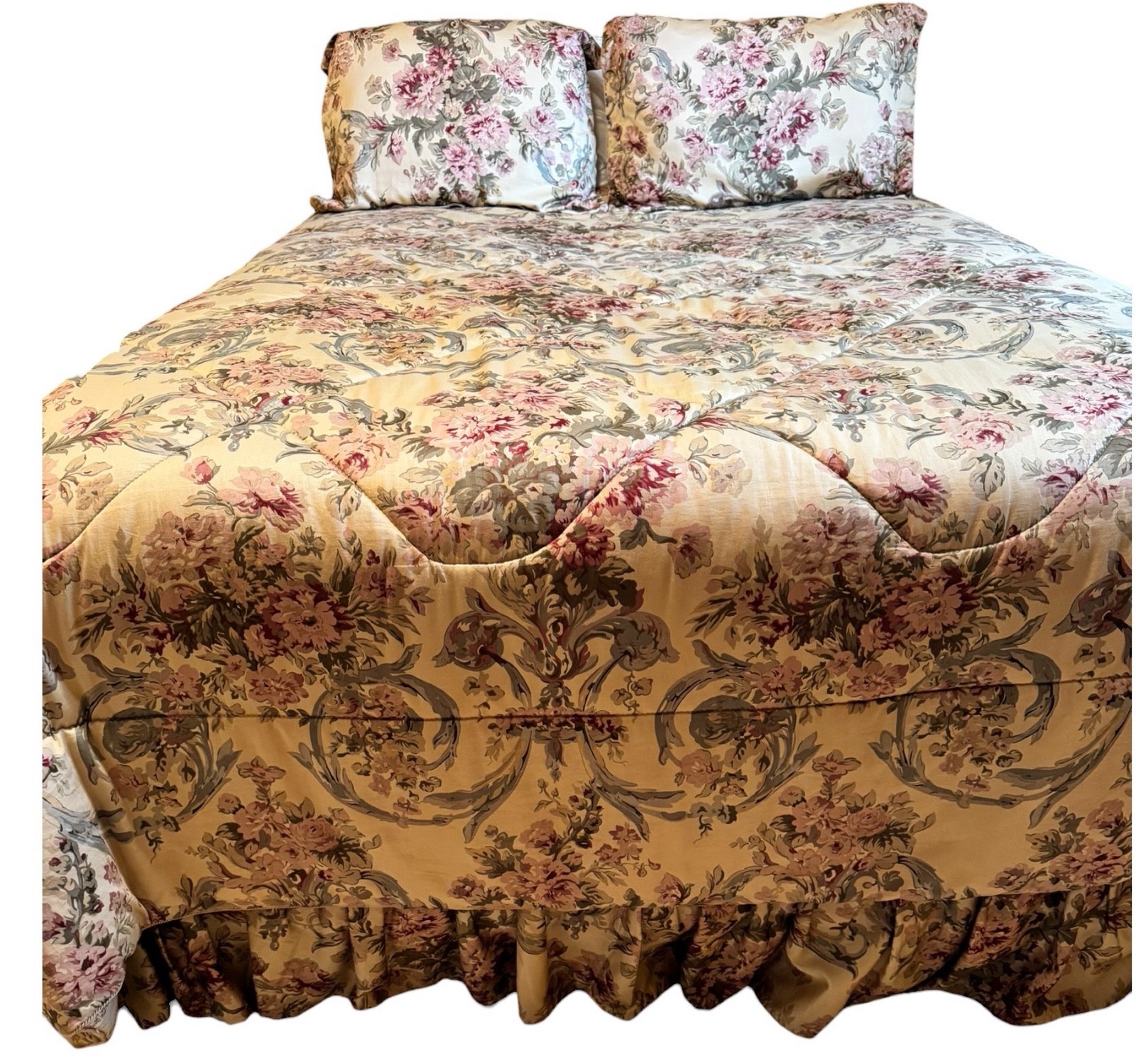 Queen Comforter Set - Green & Pink Floral Design