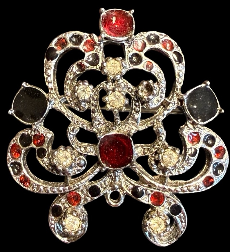 Vintage Silver Tone Brooch with Red, Black & Clear Stones