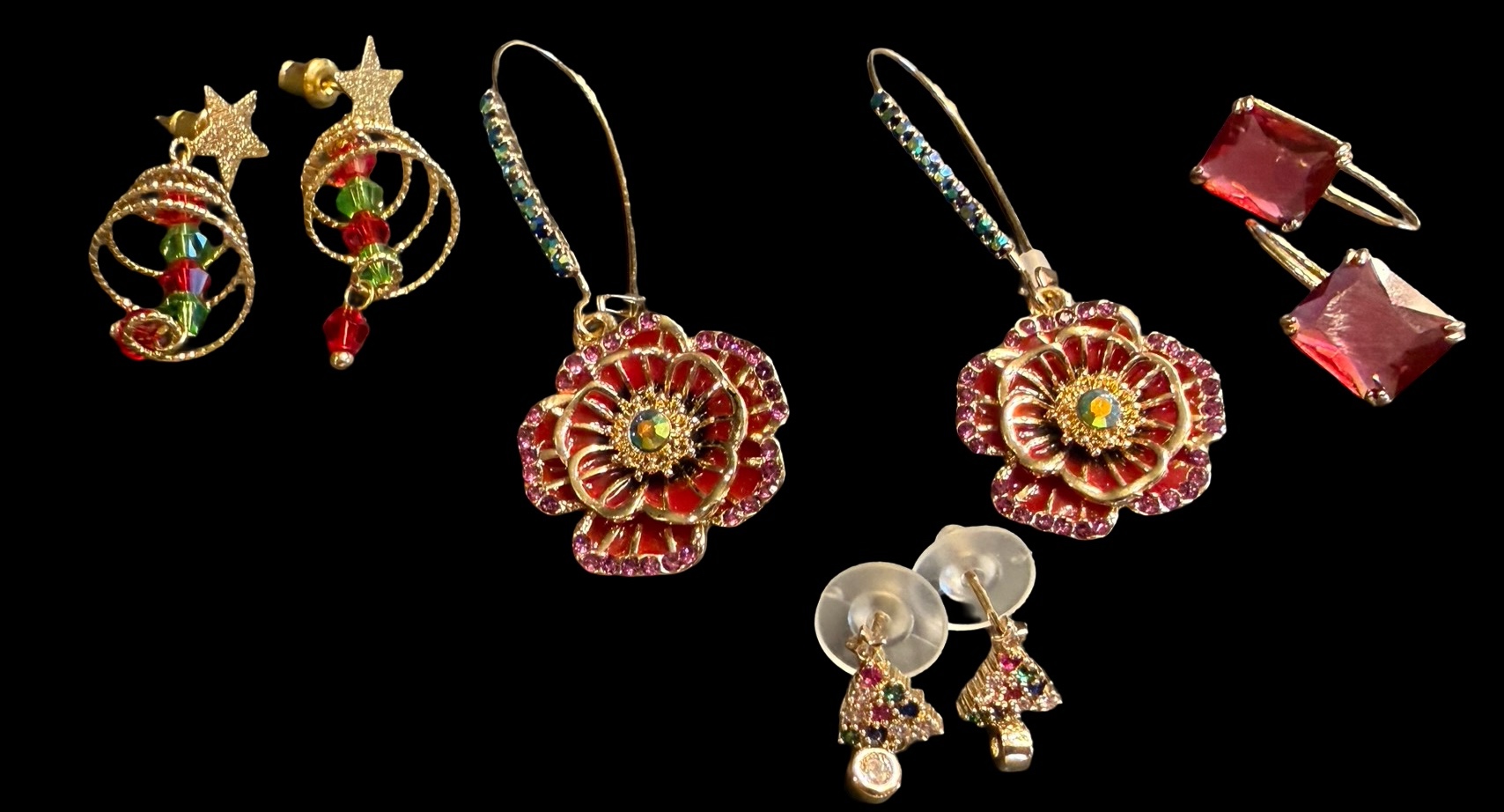 Four Pairs of Red Hue & Christmas Earrings