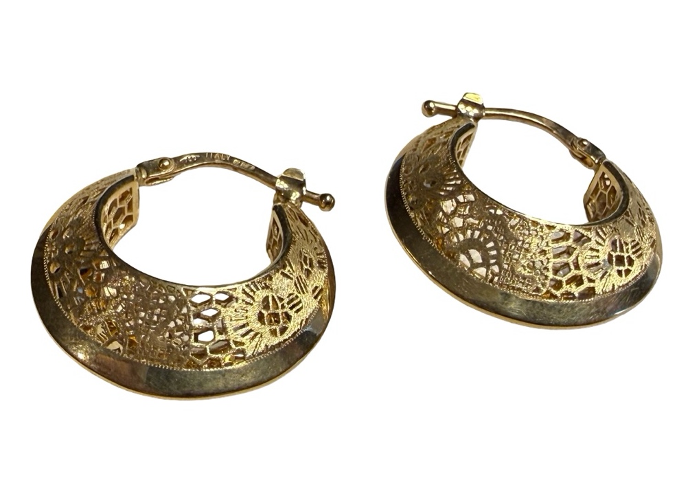 18K Filigree Style Gold Hoop Earrings