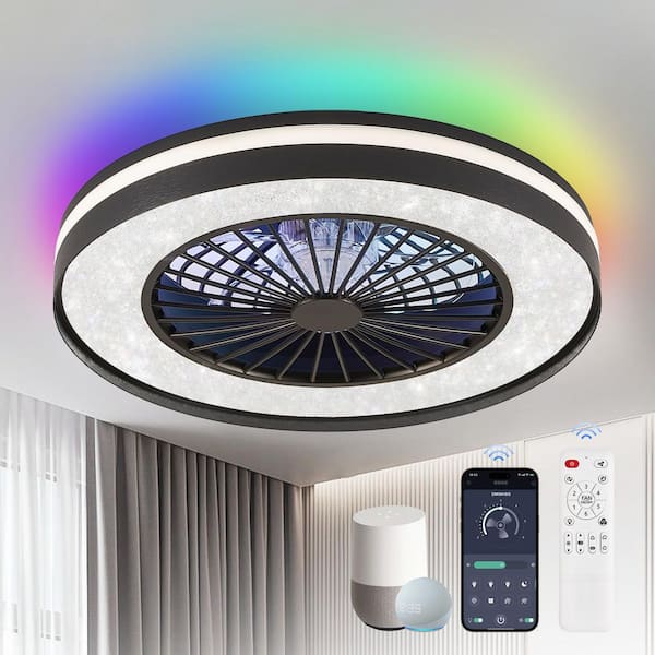 lot of 2-20 in. Smart Indoor Black Enclosed Flush Mount Ceiling Fan with RGB LED, Dimable, VoiceAppRemote Control
