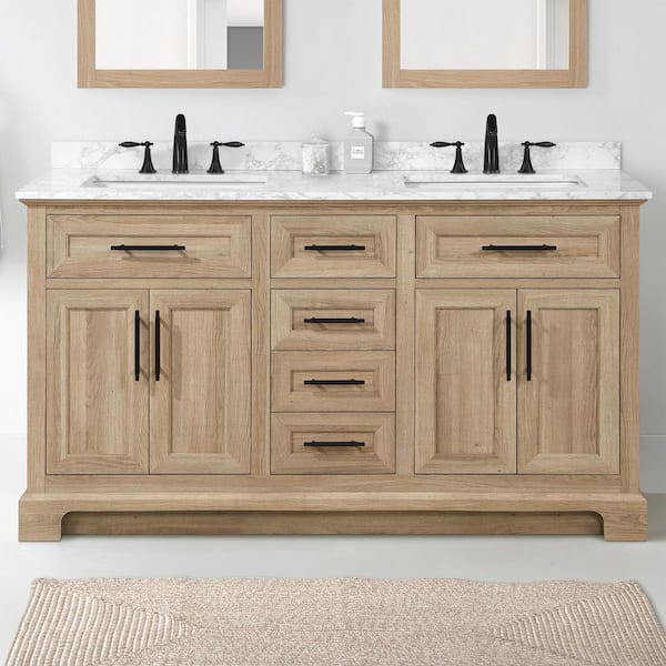 Home Decorators Collection Doveton 60 in. Double Sink Freestanding Weathered Tan Bath Vanity with White Engineered Marble Top (Assembled)