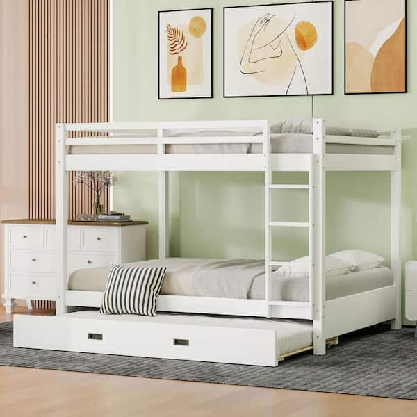 Polibi White Queen Over Queen Bunk Bed with Ladder and Trundle