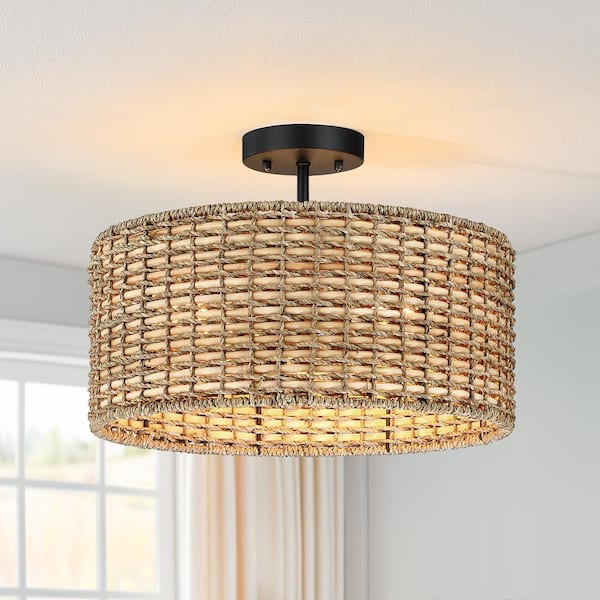 TRUE FINE Seymour 16 in 3-Light Rattan Drum Semi-Flush Mount Ceiling Light