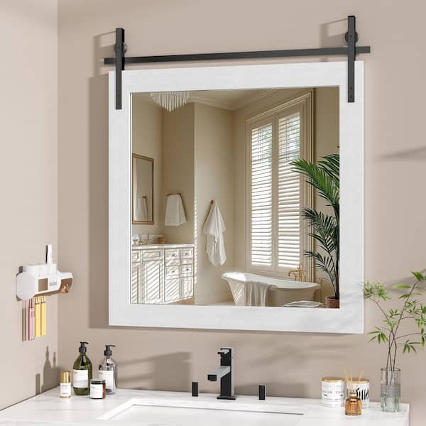 Vosuja White 31 in. W x 31 in. H Rectangle Wood Framed Farmhouse Wall Mounted Mirror Vintage Vanity Decrative Bathroom Mirrors