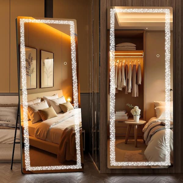 Vosuja 16 in. W x 56 in. H LED Full-Length Black Frame Mirror with Triangle Pattern, Wall Mounted Mirror Dimming, 3 Color Modes