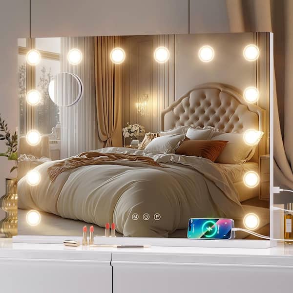 Vosuja 32 in. W x 24 in. H Rectangle White Frame LED Makeup Mirror, LED Mirror with 14 Dimmable LED Lights, 10X Magnification