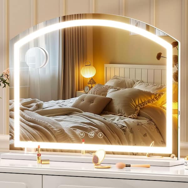 Vosuja White 32 in W x 24 in. H Arch LED Makeup Mirror Tabletop Mounted Vanity Mirror with 10 x Magnifying Glass