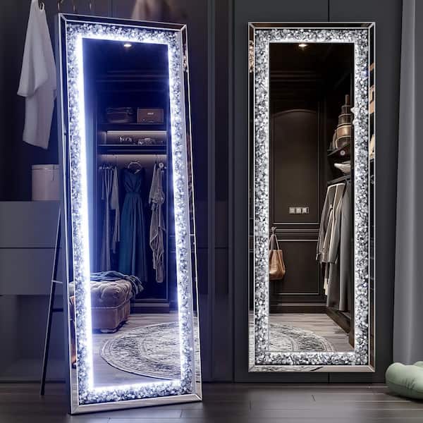 Vosuja Black 22 in. W x 61 in. H Rectangular LED Full Length Mirror with Crystal Crush Diamond Wall Mirror Leaning for Bedroom