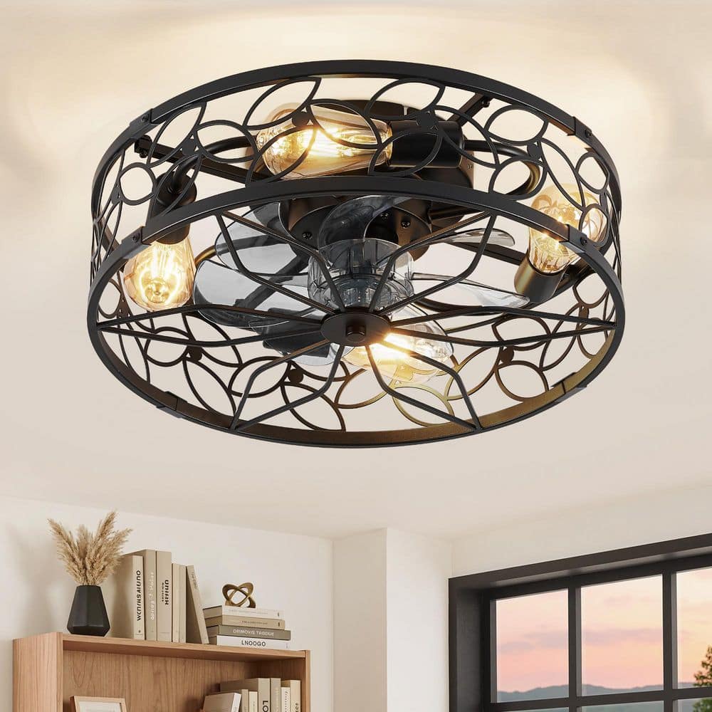 18 in. Indoor Black Low Profile Flush Mount Caged Ceiling Fan with Remote