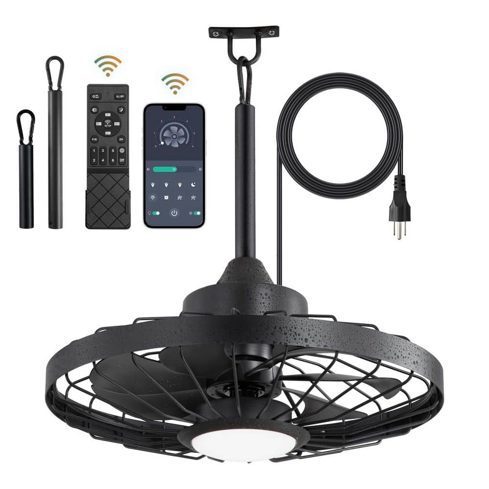 lot of 2--HINNIXY 20 in. Outdoor Black Ceiling Fan with lights, IP65 Waterproof Hanging Fan with Remote Control Smart App for Patio Porch