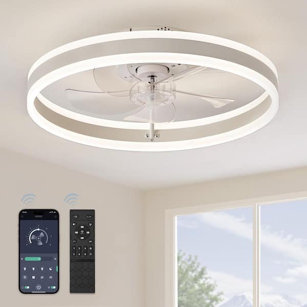 (2) --20 in. Smart Indoor Matte White Flush Mount Color Changing LED Ceiling Fan with Light Kit and Remote and App Controll
