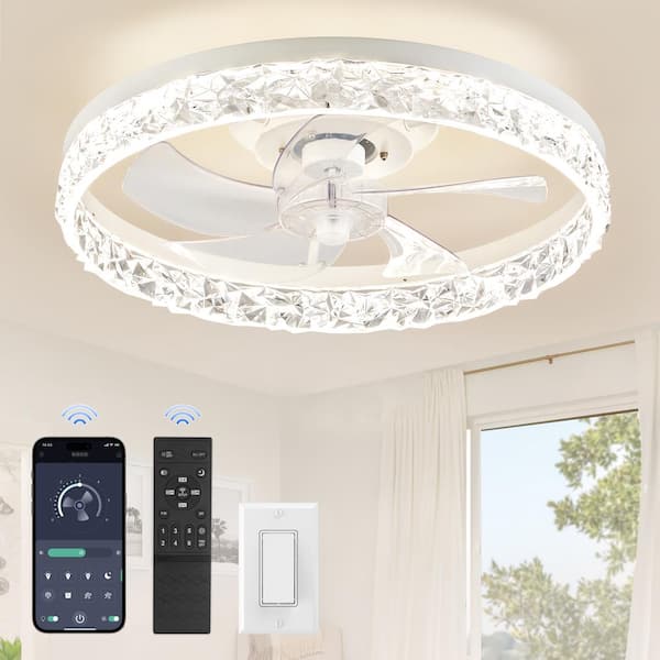 HINNIXY 20 in. Smart Indoor Fresh White Crystal Flush Mount Color Changing LED Ceiling Fan with Light Kit and Remote App Control