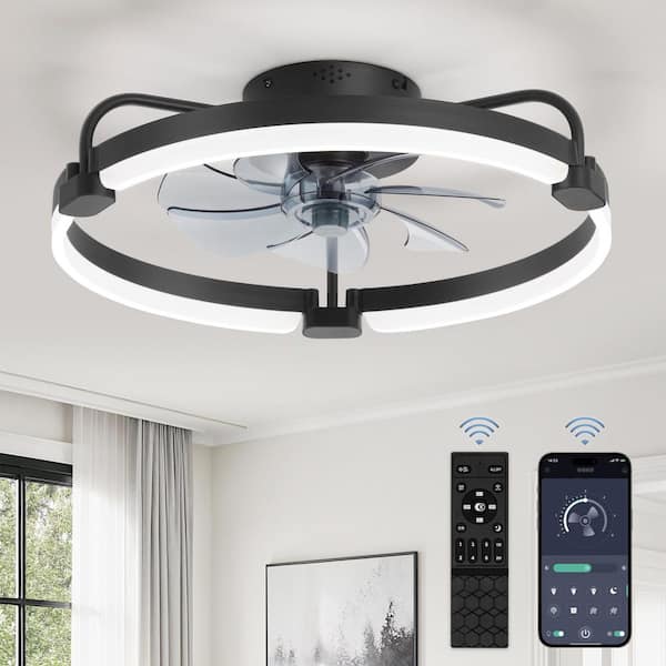 (2) HINNIXY 20 in. Dimmable LED Smart Indoor Black Modern Flush Mount Low Profile Ceiling Fan with Lights and Remote Control