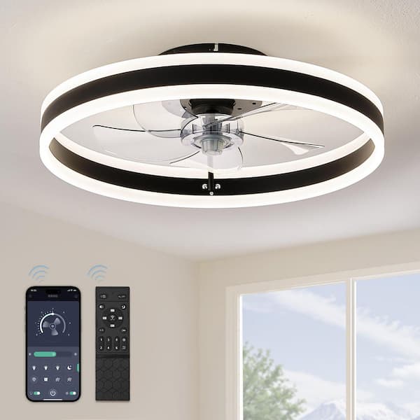 HINNIXY 20 in. Indoor LED Black Low Profile Ceiling Fan Flush Mount Smart App Remote Control Dimmable Lighting