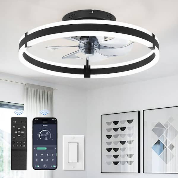 MOKSILED 20 in. Black Indoor Dimmable LED Modern 6-Wind Speeds Low Profile Ceiling Fan with Lights and Remote, Bedroom