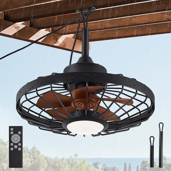 HINNIXY 20 in. Outdoor Walnut Waterproof Caged Ceiling Fan Rope Hook Portable Hanging Ceiling Fan with Light and Remote