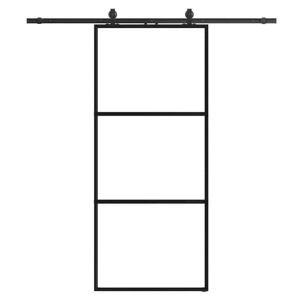 SOCBAZZAR 36 in. W. x 84 in. Full-lite Tempered Clear Glass Black Metal Frame Interior Sliding Barn Door with Hardware kit