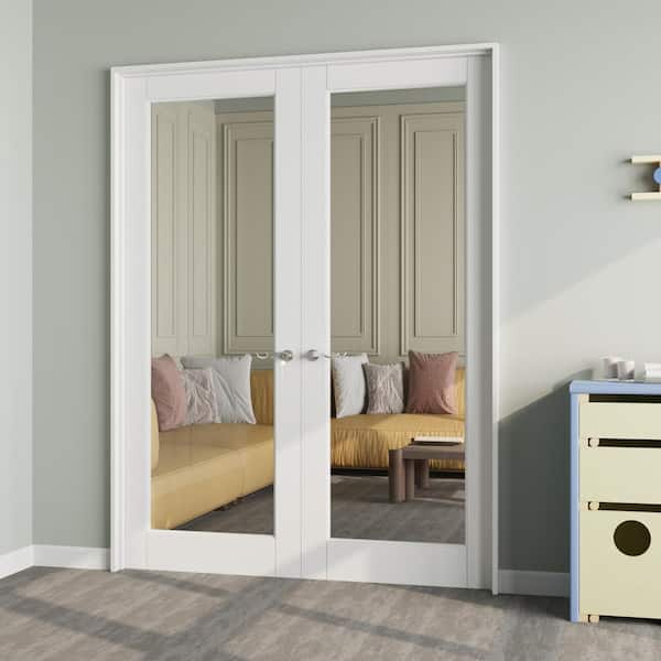 ARK DESIGN 64 in. x 80 in. 1-Lite Clear Glass Universal White Solid Core Wood Double French Door with Quick Assemble Jamb