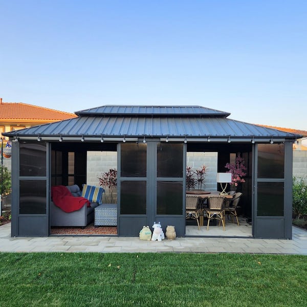 PURPLE LEAF 12ft. x 20ft. Patio Hardtop Gazebo Double Top PC Mesh Screen House Aluminum Solarium Backyard Sunroom, 24 Lights, Gray