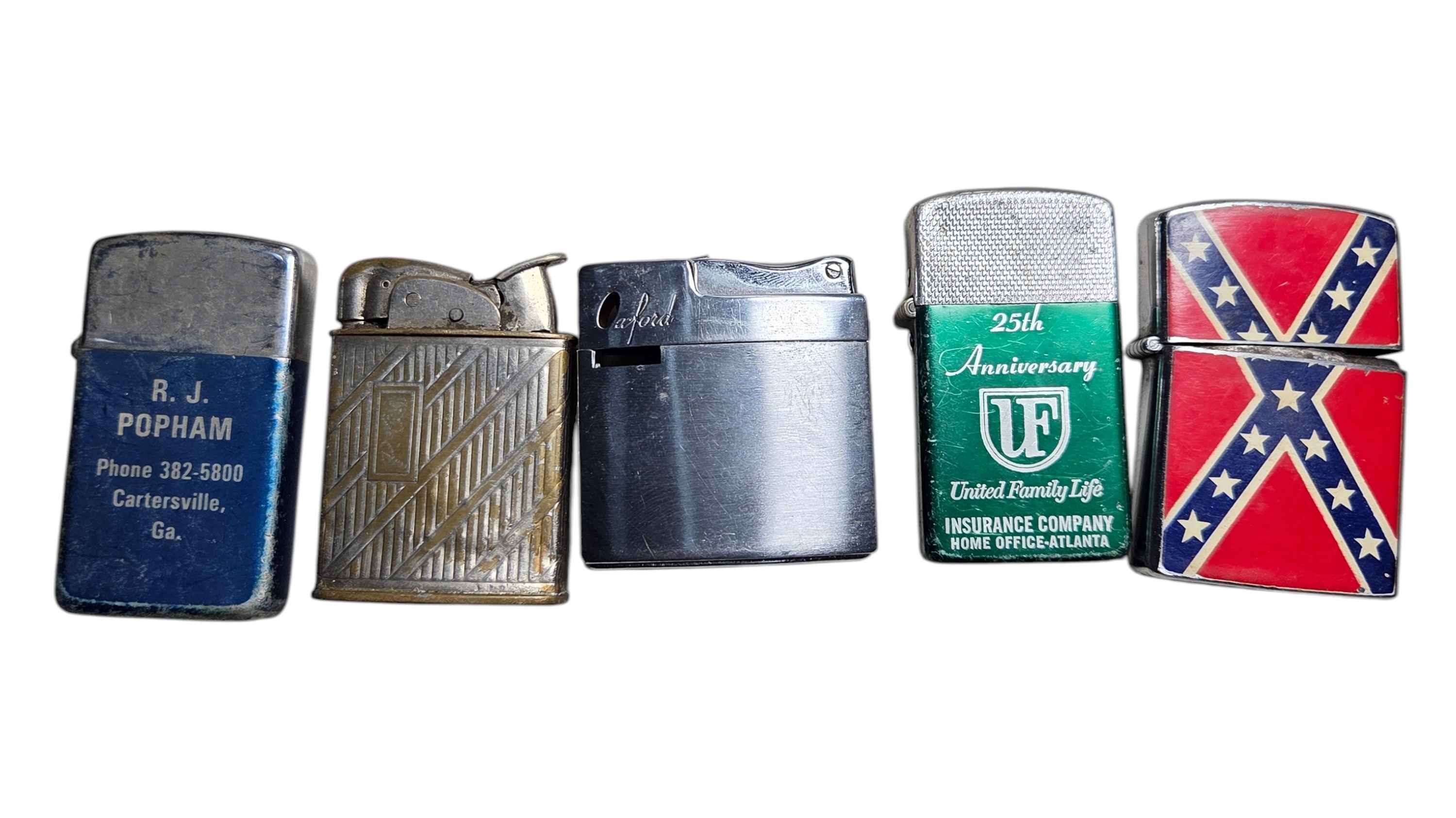 Lot of 5 Vintage Pocket Lighters  R.J. Popham, Oxford, United Family Life & Assorted Designs