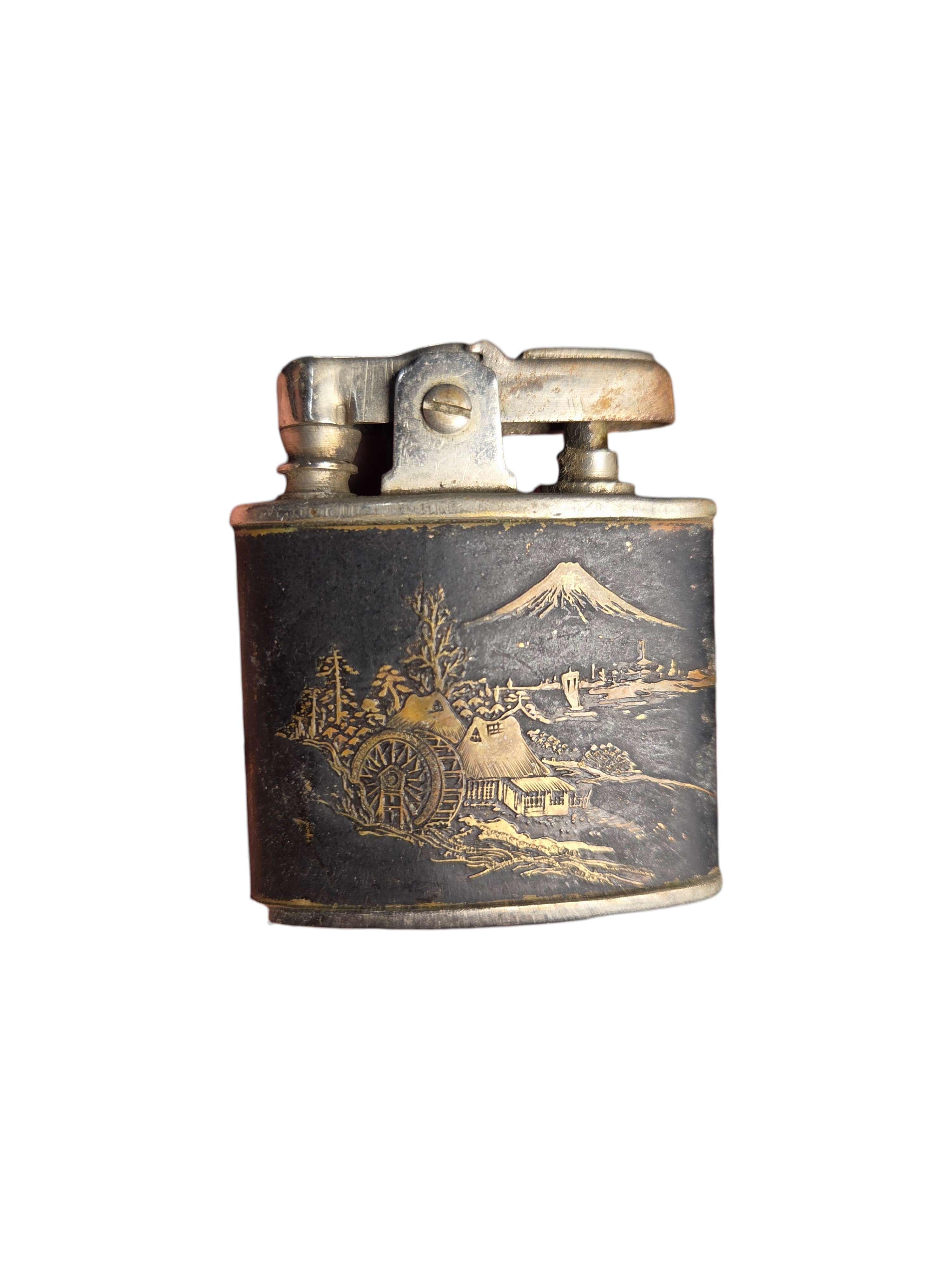 Vintage Lift-Arm Pocket Lighter With Japanese Mt. Fuji Village Scene Design