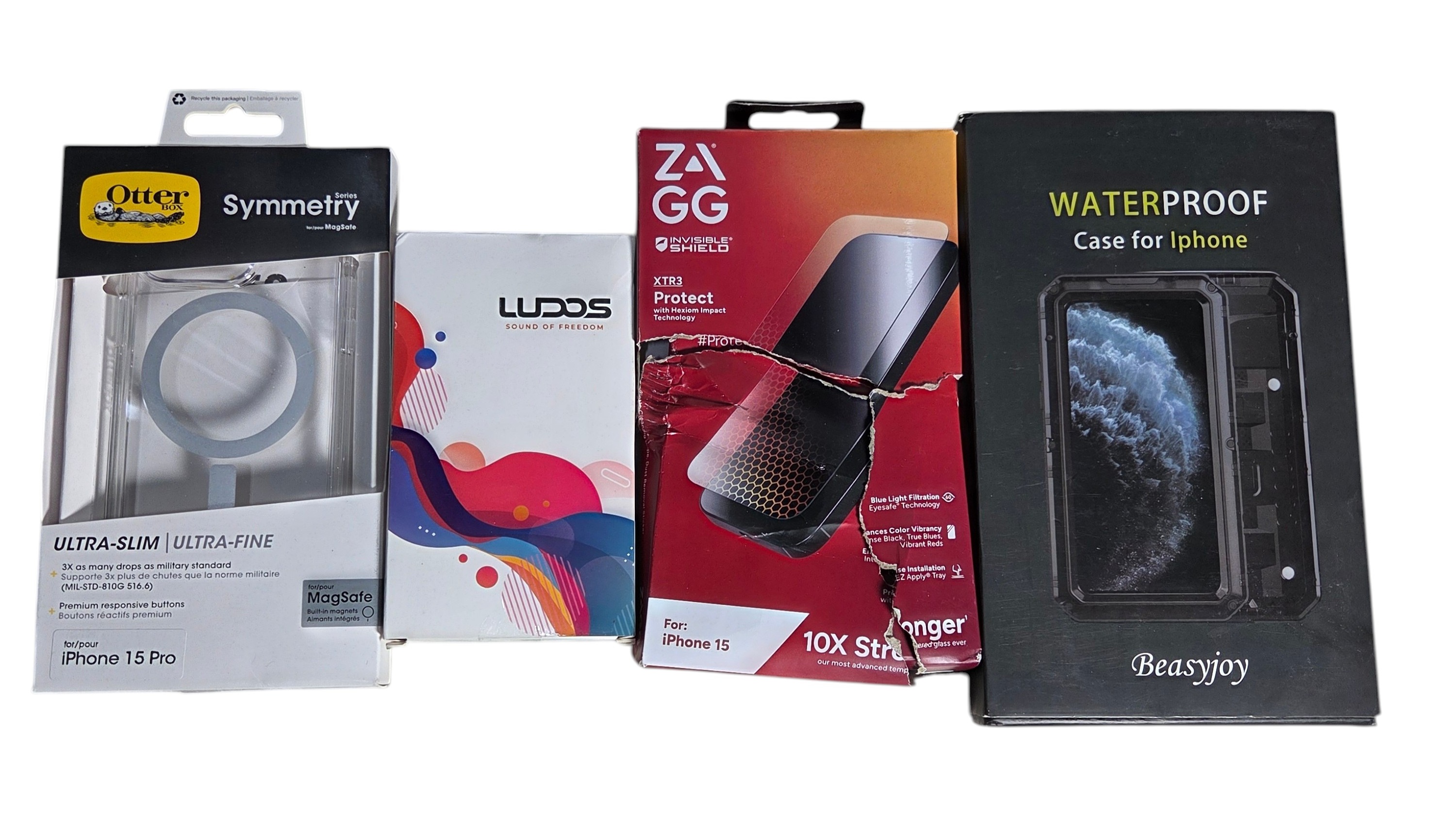 Phone Accessories Lot  OtterBox iPhone 15 Pro Case, LUDOS Earbuds, ZAGG iPhone 15 Protector & Waterproof Case