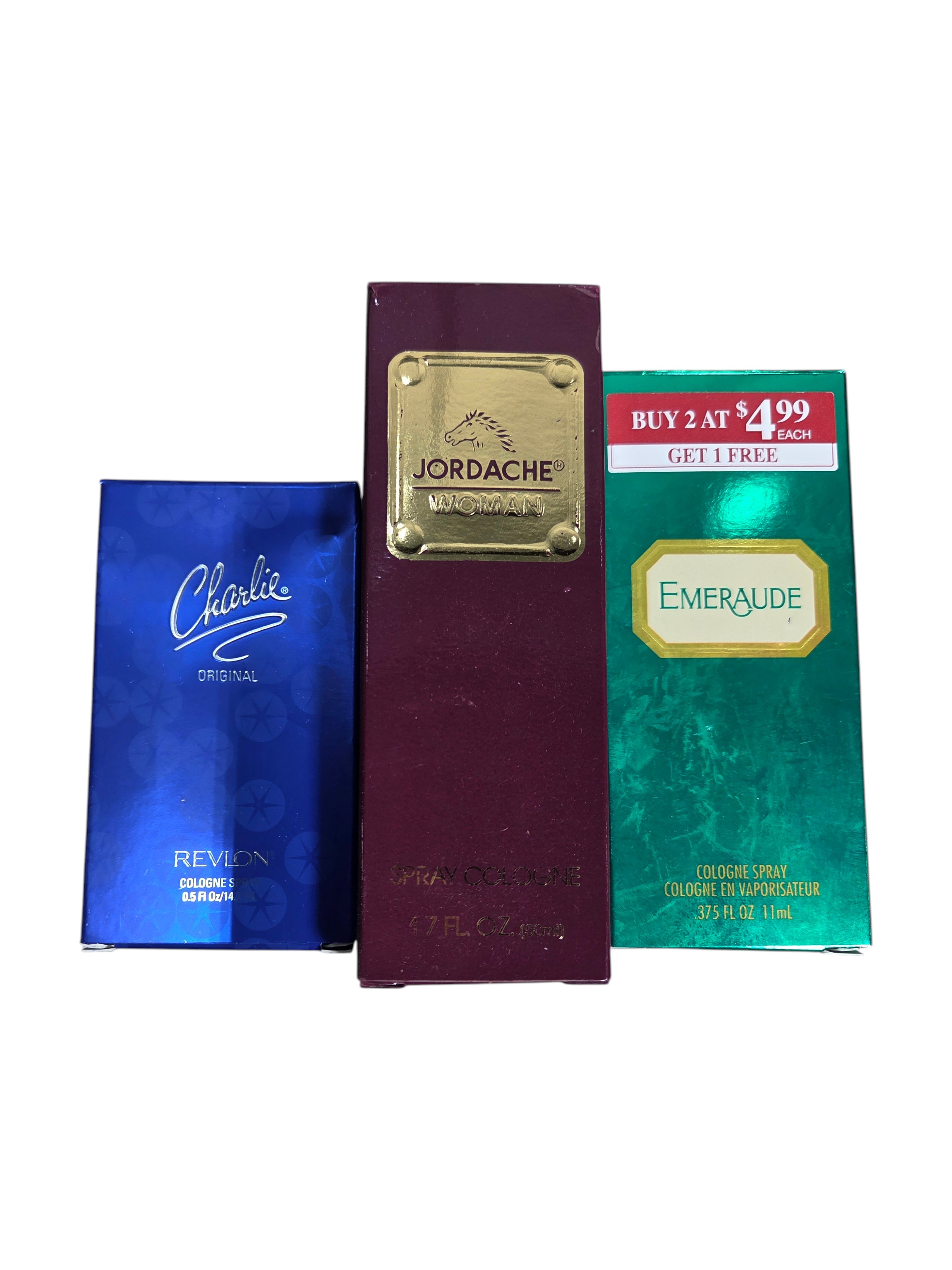 3 Boxed Cologne Sprays - Revlon Charlie Original, Jordache Woman & Emeraude
