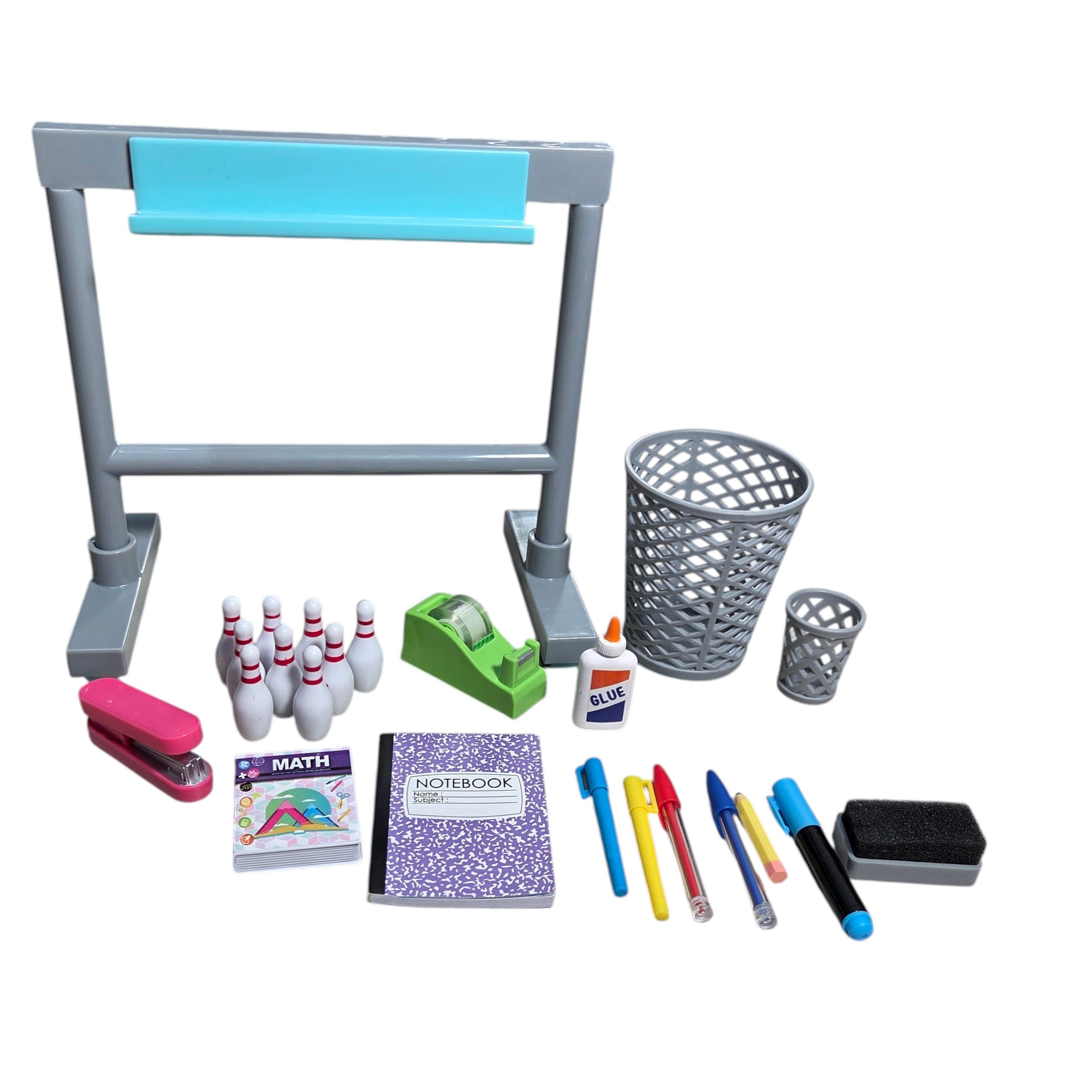 Doll School Classroom Accessories Lot - Desk, Trash Cans, Notebooks, Pens, Bowling Pins & Supplies