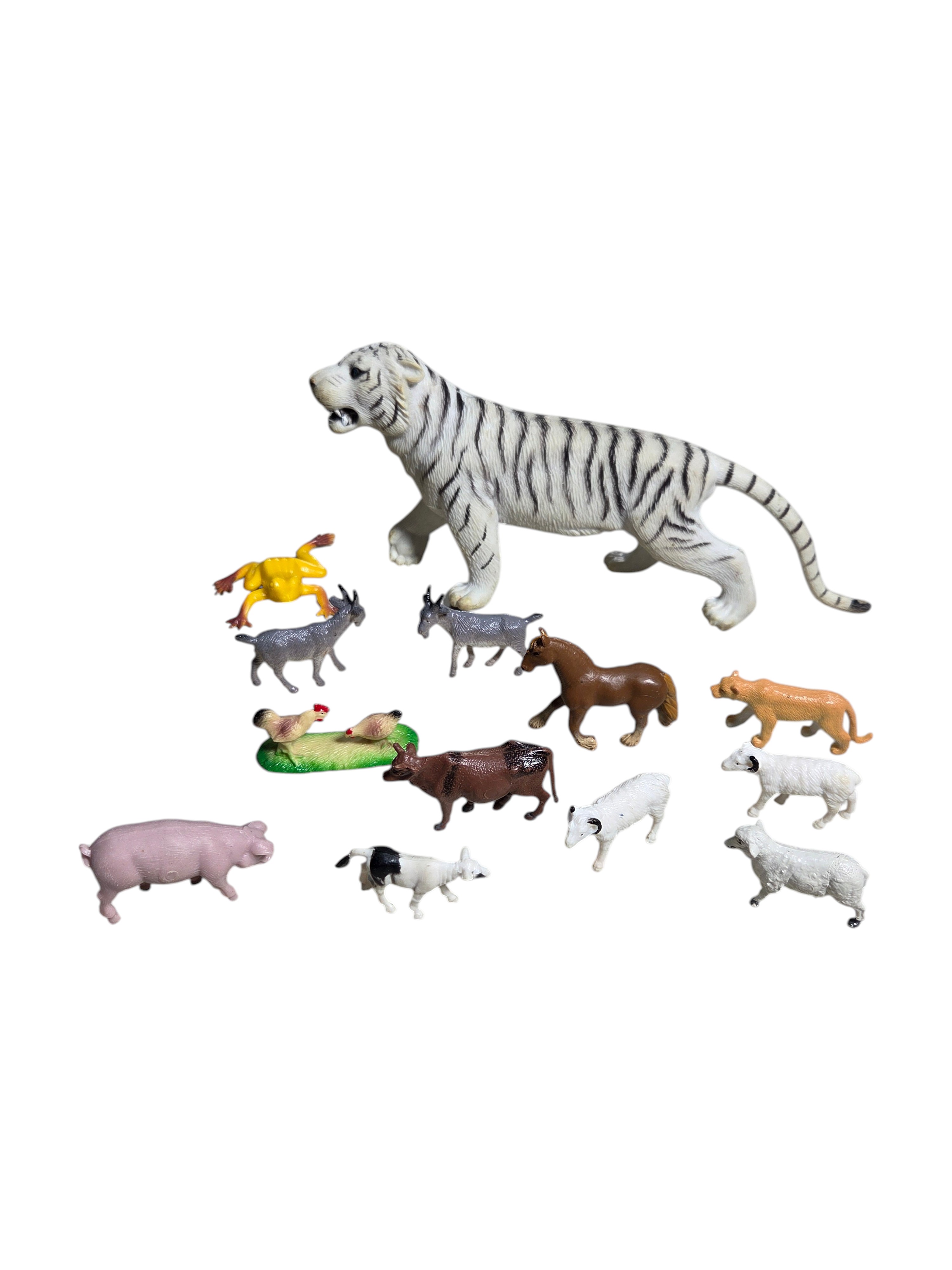 Mini Animal Figurine Lot - White Tiger, Farm Animals, Goats, Sheep, Cows, Pig, Horse & Frog