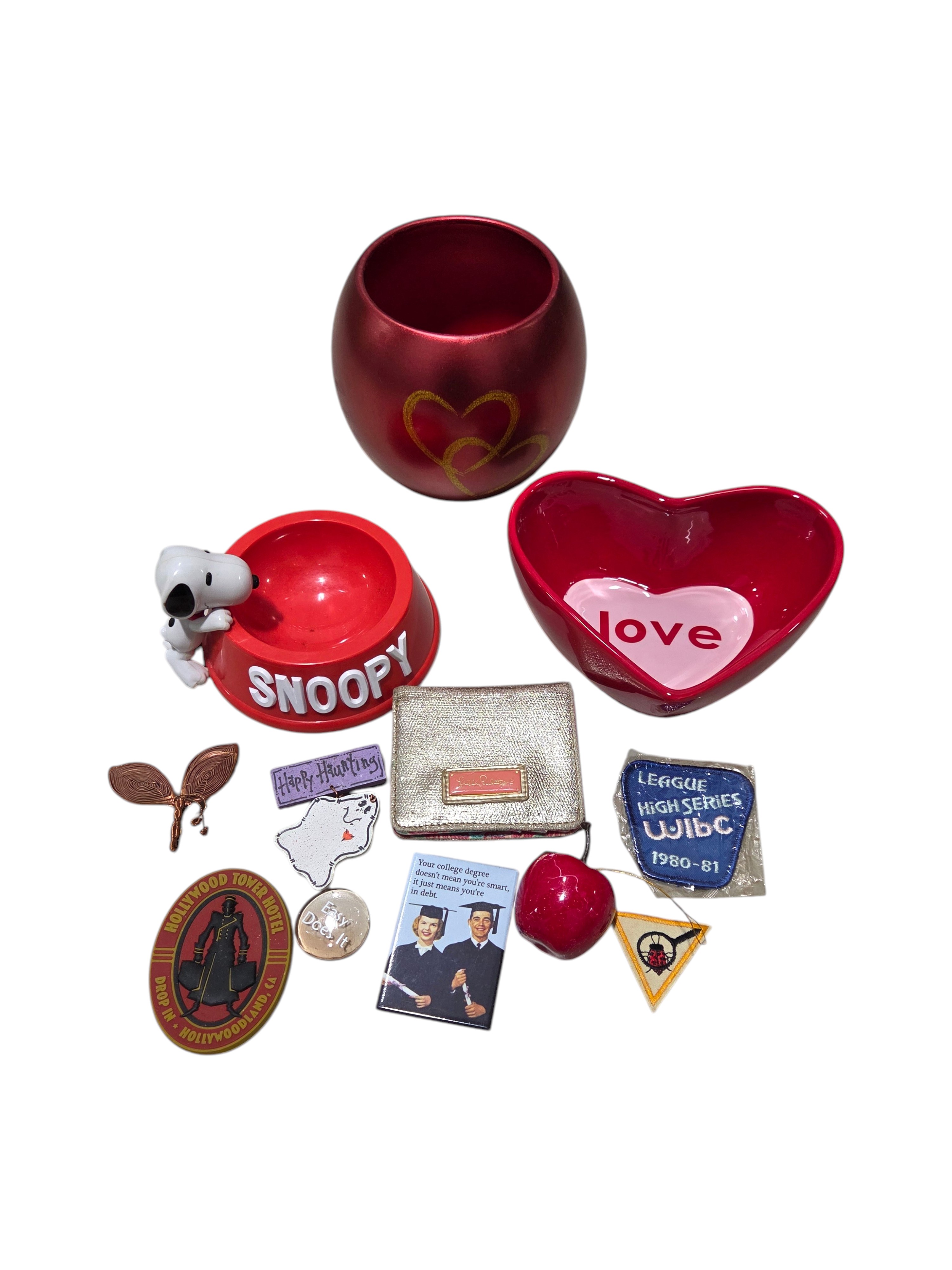 Assorted Dcor & Collectibles Lot - Snoopy Dish, Disney Patch, Lilly Pulitzer Wallet, Heart Bowl & More