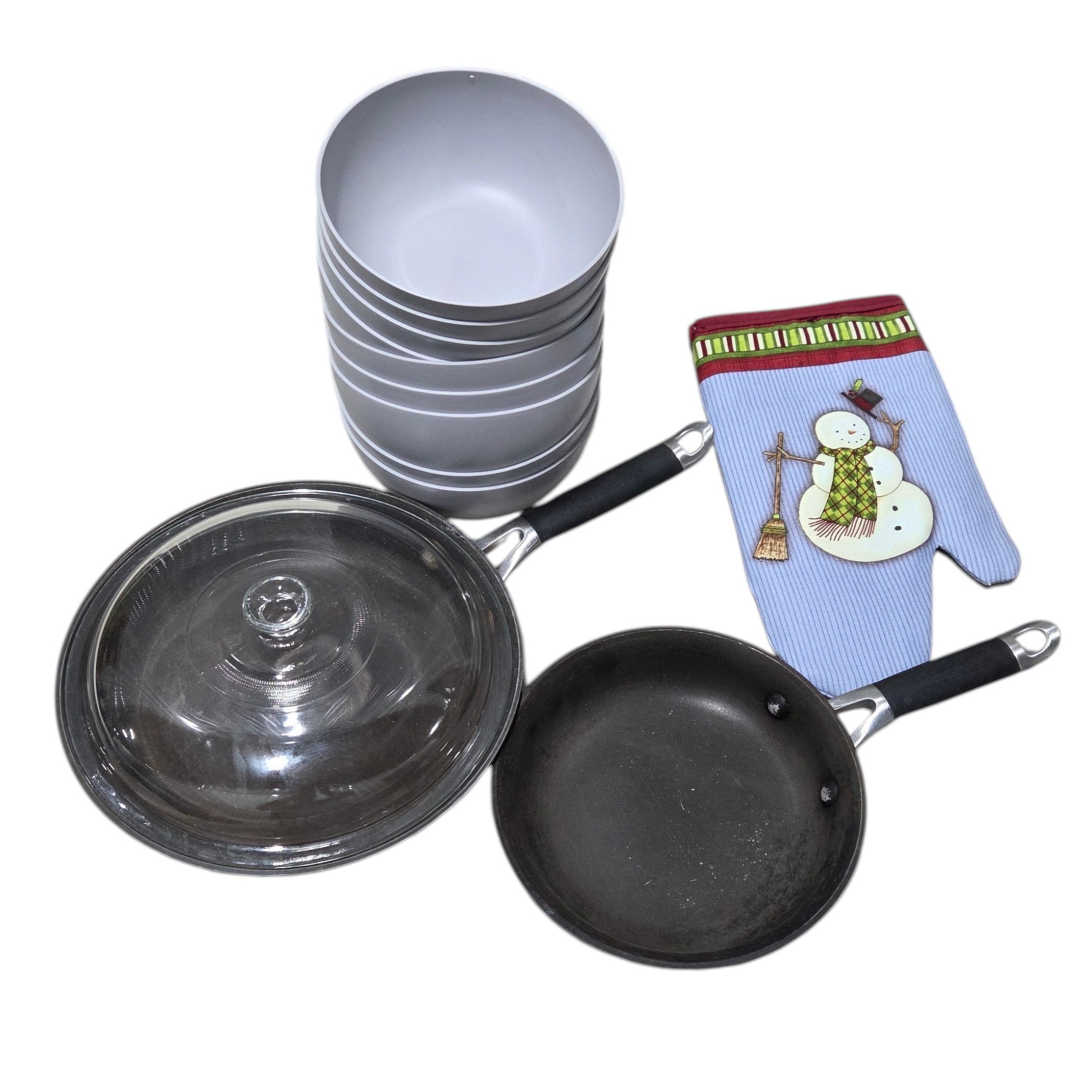 Kitchen Lot - Calphalon Pans, Glass Lid, 9 Gray Bowls & Snowman Oven Mitt