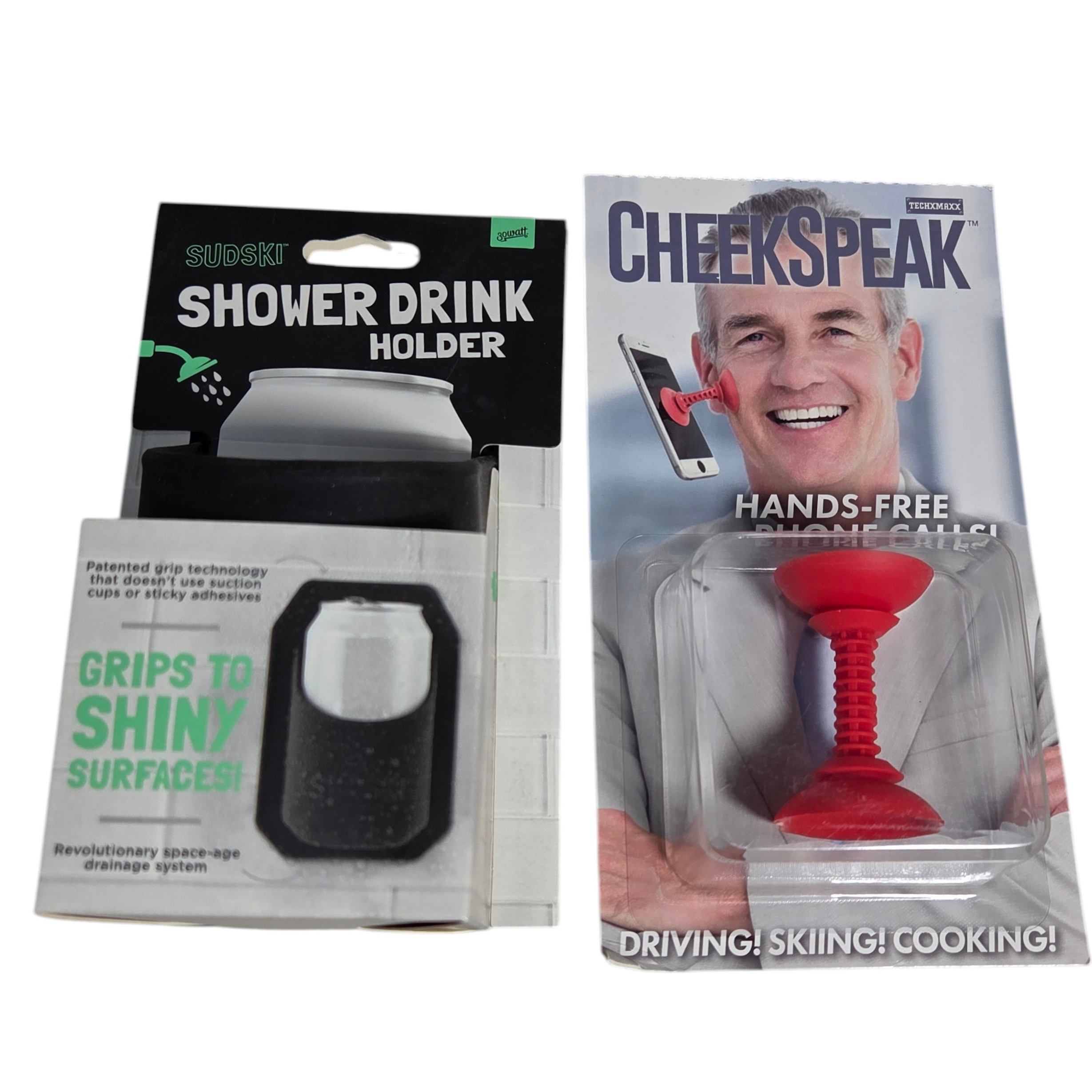 CheekSpeak Hands-Free Phone Call Holder & Sudski Shower Drink Holder Novelty Lot